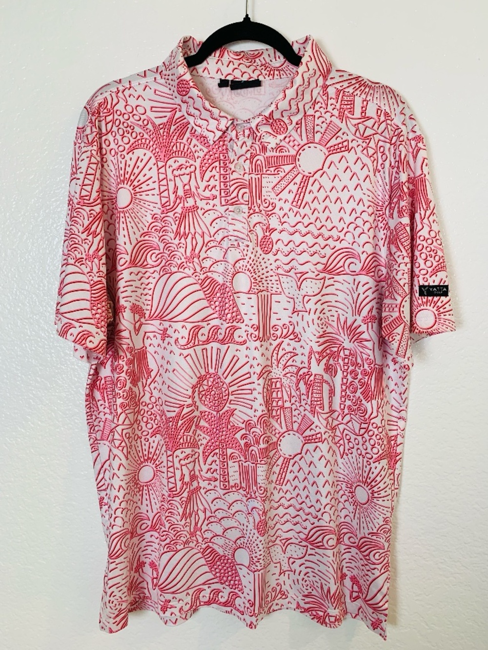 Yatta Golf Polo Men's L Shaka Life Hawaiian Aloha Sun Pink Stretch Polo Tiki